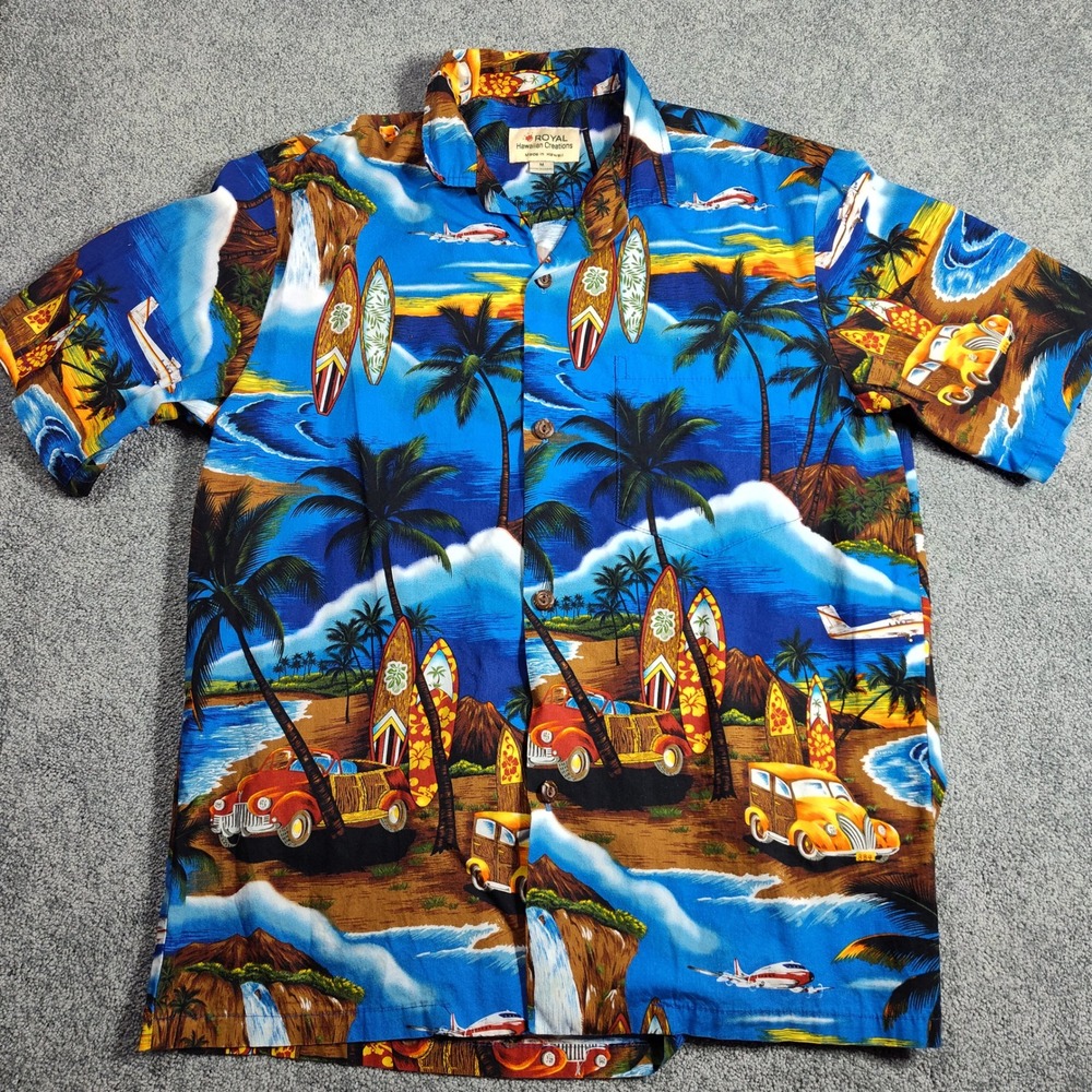 Royal Hawaiian Creations‎ Shirt Men's M Blue Aloha Palm Tree Surfboard Car